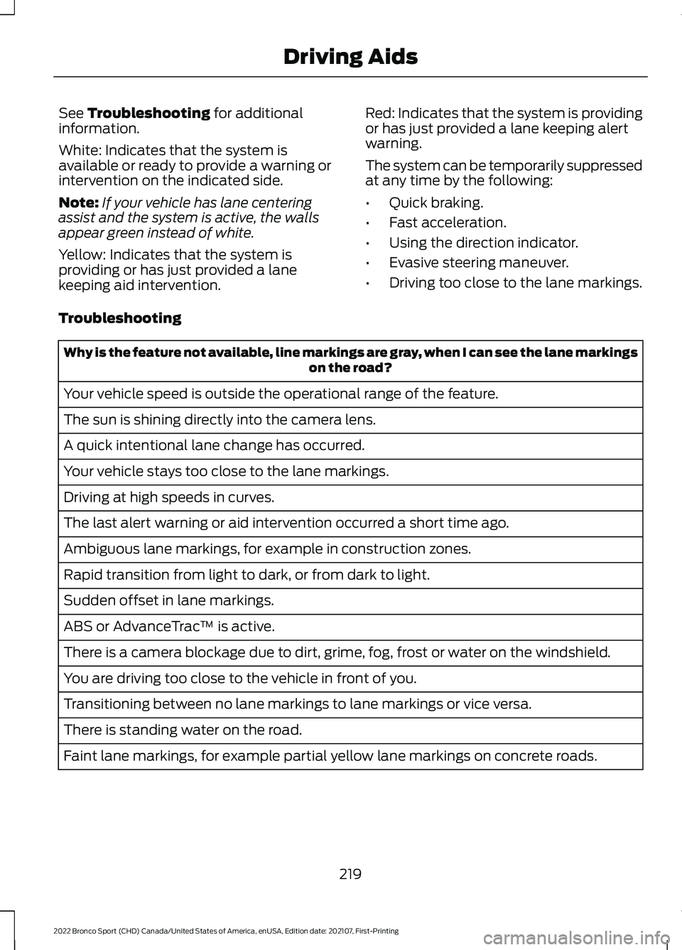 FORD BRONCO SPORT 2022 Owners Manual See Troubleshooting for additional
information.
White: Indicates that the system is
available or ready to provide a warning or
intervention on the indicated side.
Note: If your vehicle has lane center FORD BRONCO SPORT 2022 Owners Manual See Troubleshooting for additional
information.
White: Indicates that the system is
available or ready to provide a warning or
intervention on the indicated side.
Note: If your vehicle has lane center