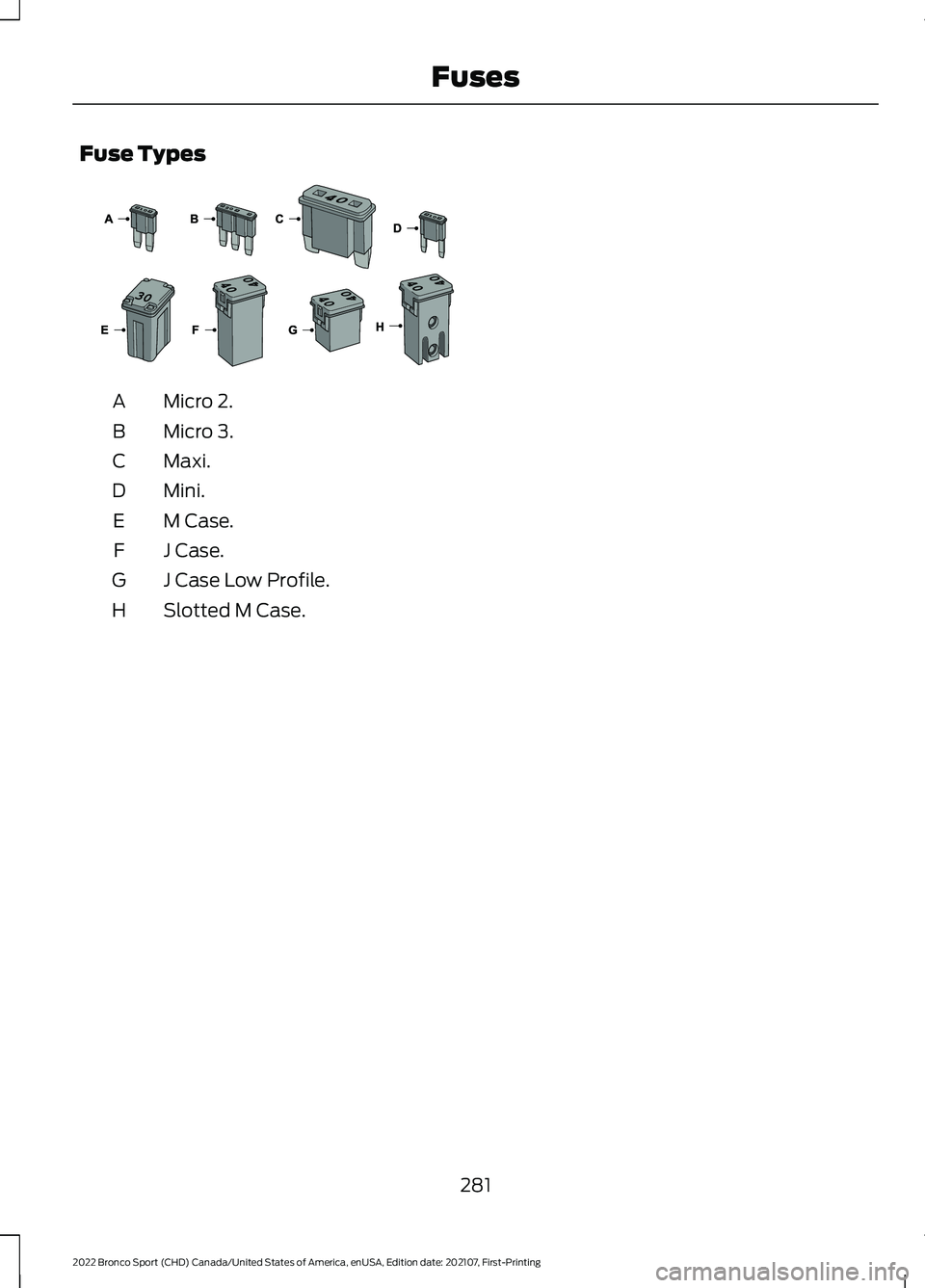 FORD BRONCO SPORT 2022 Owners Manual Fuse Types
Micro 2.
A
Micro 3.
B
Maxi.
C
Mini.
D
M Case.
E
J Case.
F
J Case Low Profile.
G
Slotted M Case.
H
281
2022 Bronco Sport (CHD) Canada/United States of America, enUSA, Edition date: 202107, F FORD BRONCO SPORT 2022 Owners Manual Fuse Types
Micro 2.
A
Micro 3.
B
Maxi.
C
Mini.
D
M Case.
E
J Case.
F
J Case Low Profile.
G
Slotted M Case.
H
281
2022 Bronco Sport (CHD) Canada/United States of America, enUSA, Edition date: 202107, F