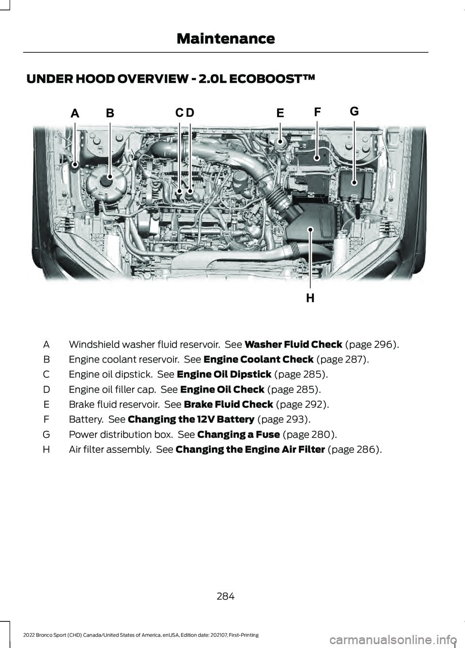 FORD BRONCO SPORT 2022  Owners Manual UNDER HOOD OVERVIEW - 2.0L ECOBOOST™
Windshield washer fluid reservoir.  See Washer Fluid Check (page 296).
A
Engine coolant reservoir.  See 
Engine Coolant Check (page 287).
B
Engine oil dipstick. 