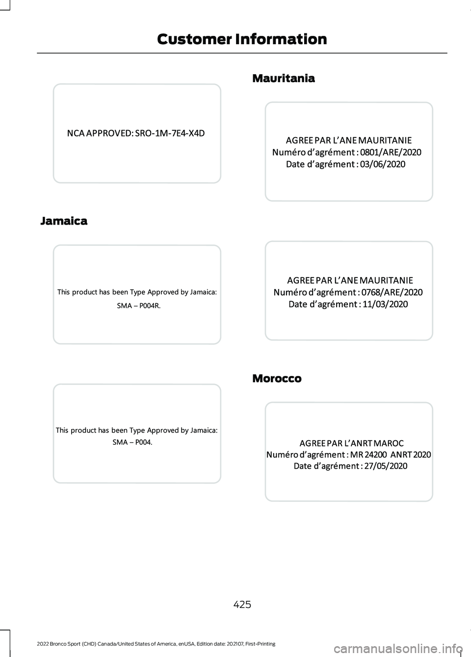 FORD BRONCO SPORT 2022  Owners Manual Jamaica Mauritania
Morocco
425
2022 Bronco Sport (CHD) Canada/United States of America, enUSA, Edition date: 202107, First-Printing Customer InformationE345303  E345306  E345307  E345304  E345305  E34