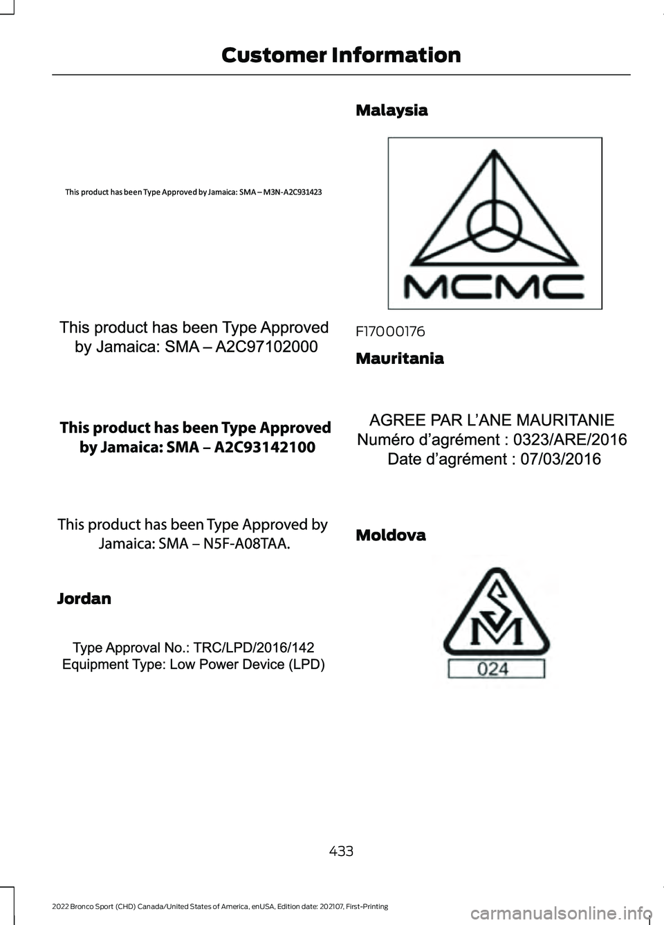 FORD BRONCO SPORT 2022  Owners Manual Jordan Malaysia
F17000176
Mauritania
Moldova
433
2022 Bronco Sport (CHD) Canada/United States of America, enUSA, Edition date: 202107, First-Printing Customer InformationE340215   E340318  E340308  E3
