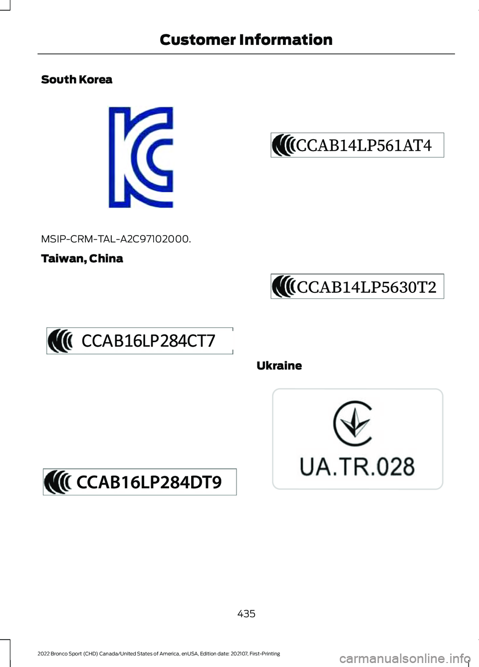 FORD BRONCO SPORT 2022  Owners Manual South Korea
MSIP-CRM-TAL-A2C97102000.
Taiwan, China
Ukraine
435
2022 Bronco Sport (CHD) Canada/United States of America, enUSA, Edition date: 202107, First-Printing Customer InformationE339675  E34021