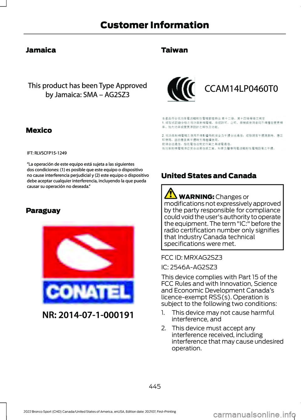 FORD BRONCO SPORT 2022  Owners Manual Jamaica
Mexico
Paraguay Taiwan
United States and Canada
WARNING: Changes or
modifications not expressively approved
by the party responsible for compliance
could void the user's authority to opera
