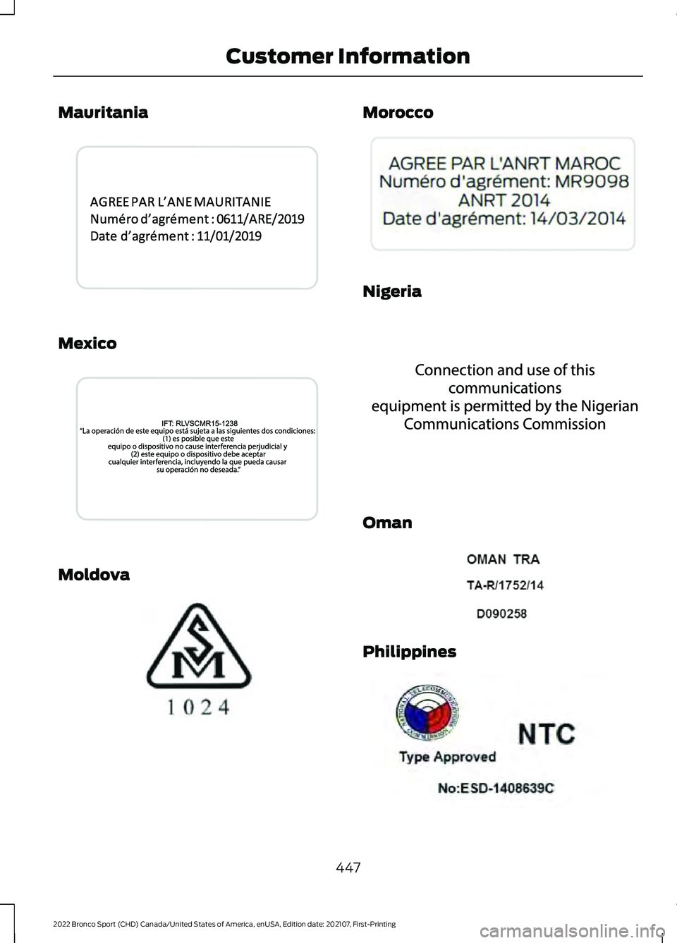 FORD BRONCO SPORT 2022  Owners Manual Mauritania
Mexico
Moldova Morocco
Nigeria
Oman
Philippines
447
2022 Bronco Sport (CHD) Canada/United States of America, enUSA, Edition date: 202107, First-Printing Customer InformationE342221  E342360