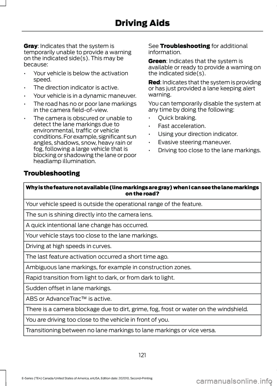 FORD E-350 2022 Owners Manual Gray: Indicates that the system is
temporarily unable to provide a warning
on the indicated side(s). This may be
because:
• Your vehicle is below the activation
speed.
• The direction indicator is FORD E-350 2022 Owners Manual Gray: Indicates that the system is
temporarily unable to provide a warning
on the indicated side(s). This may be
because:
• Your vehicle is below the activation
speed.
• The direction indicator is