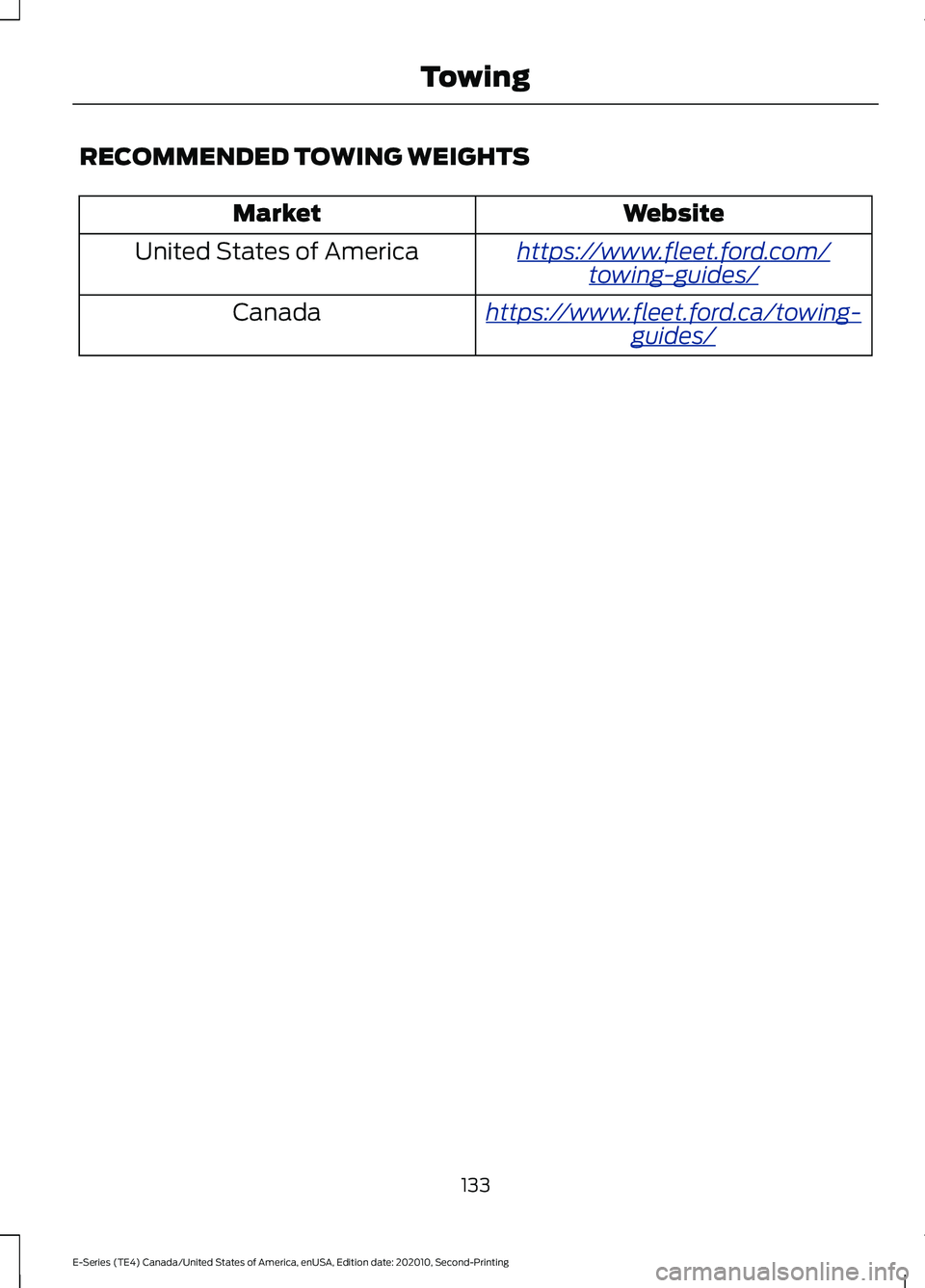 FORD E-350 2022 Owners Manual RECOMMENDED TOWING WEIGHTS
Website
Market
ht tp s:/ / www .fl e e t.f or d . c om/
t o wing-g uide s/United States of America
ht tp s:/ / www .fl e e t.f or d . c a/ t o wing-
g uide s/Canada
133
E-Se FORD E-350 2022 Owners Manual RECOMMENDED TOWING WEIGHTS
Website
Market
ht tp s:/ / www .fl e e t.f or d . c om/
t o wing-g uide s/United States of America
ht tp s:/ / www .fl e e t.f or d . c a/ t o wing-
g uide s/Canada
133
E-Se