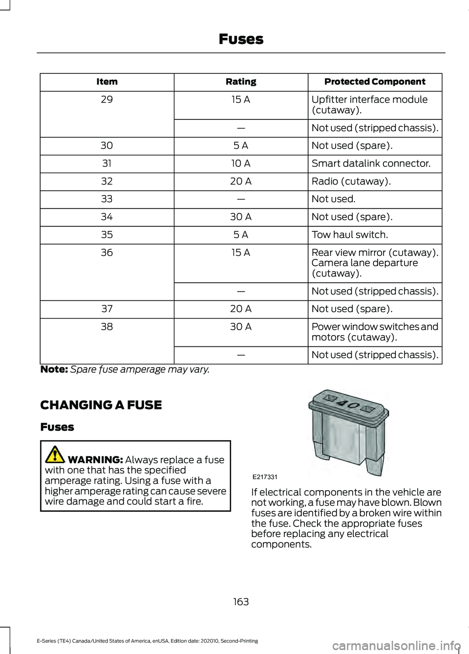 FORD E-350 2022 Owners Manual Protected Component
Rating
Item
Upfitter interface module
(cutaway).
15 A
29
Not used (stripped chassis).
—
Not used (spare).
5 A
30
Smart datalink connector.
10 A
31
Radio (cutaway).
20 A
32
Not us FORD E-350 2022 Owners Manual Protected Component
Rating
Item
Upfitter interface module
(cutaway).
15 A
29
Not used (stripped chassis).
—
Not used (spare).
5 A
30
Smart datalink connector.
10 A
31
Radio (cutaway).
20 A
32
Not us