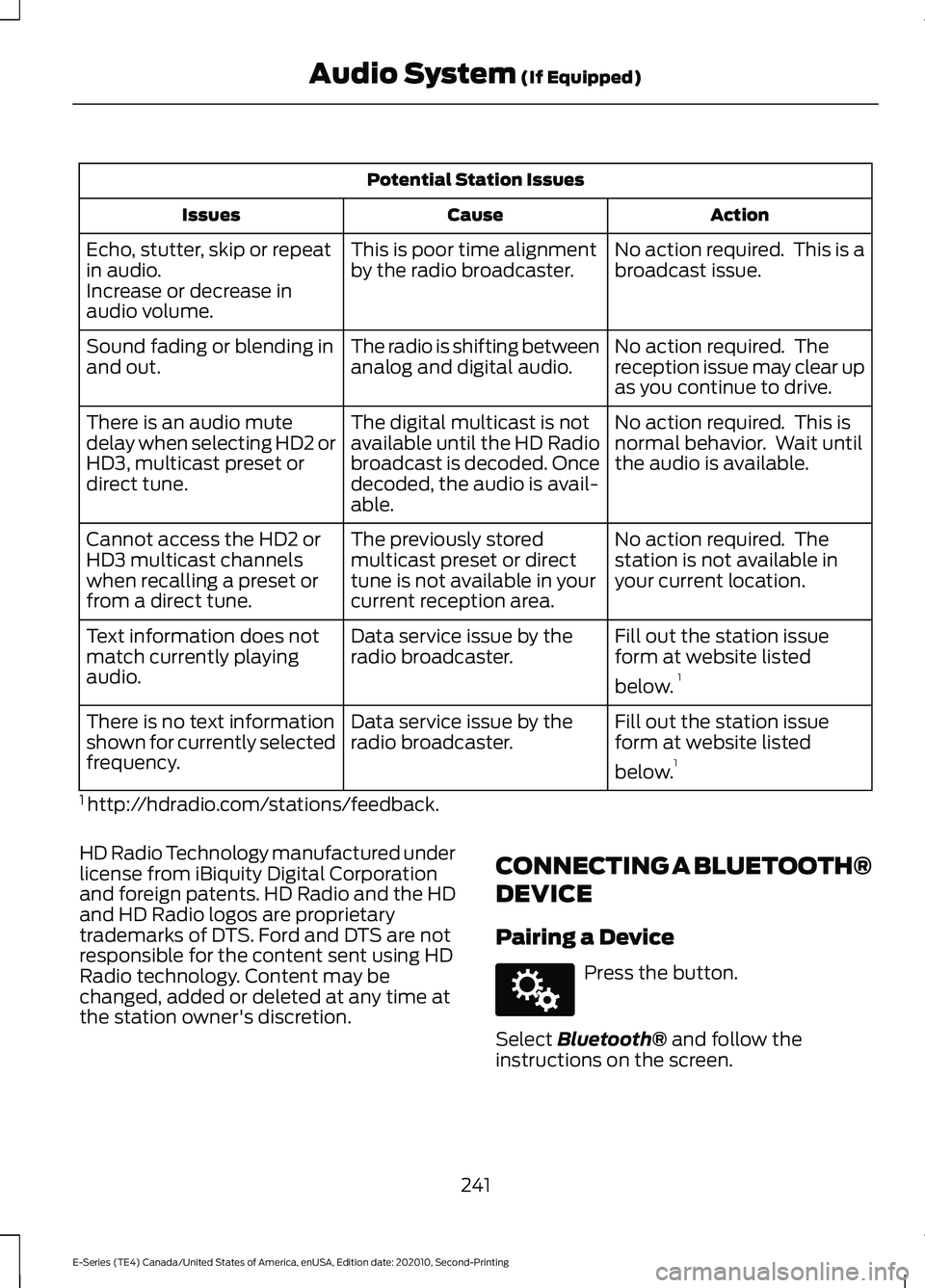 FORD E-350 2022 Owners Manual Potential Station Issues
Action
Cause
Issues
No action required. This is a
broadcast issue.
This is poor time alignment
by the radio broadcaster.
Echo, stutter, skip or repeat
in audio.
Increase or d FORD E-350 2022 Owners Manual Potential Station Issues
Action
Cause
Issues
No action required. This is a
broadcast issue.
This is poor time alignment
by the radio broadcaster.
Echo, stutter, skip or repeat
in audio.
Increase or d