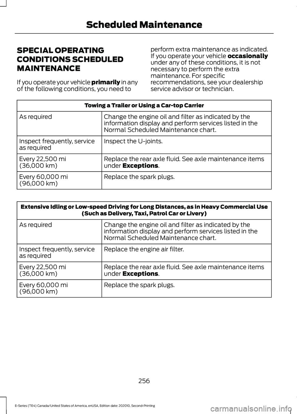 FORD E-350 2022  Owners Manual SPECIAL OPERATING
CONDITIONS SCHEDULED
MAINTENANCE
If you operate your vehicle primarily in any
of the following conditions, you need to perform extra maintenance as indicated.
If you operate your veh