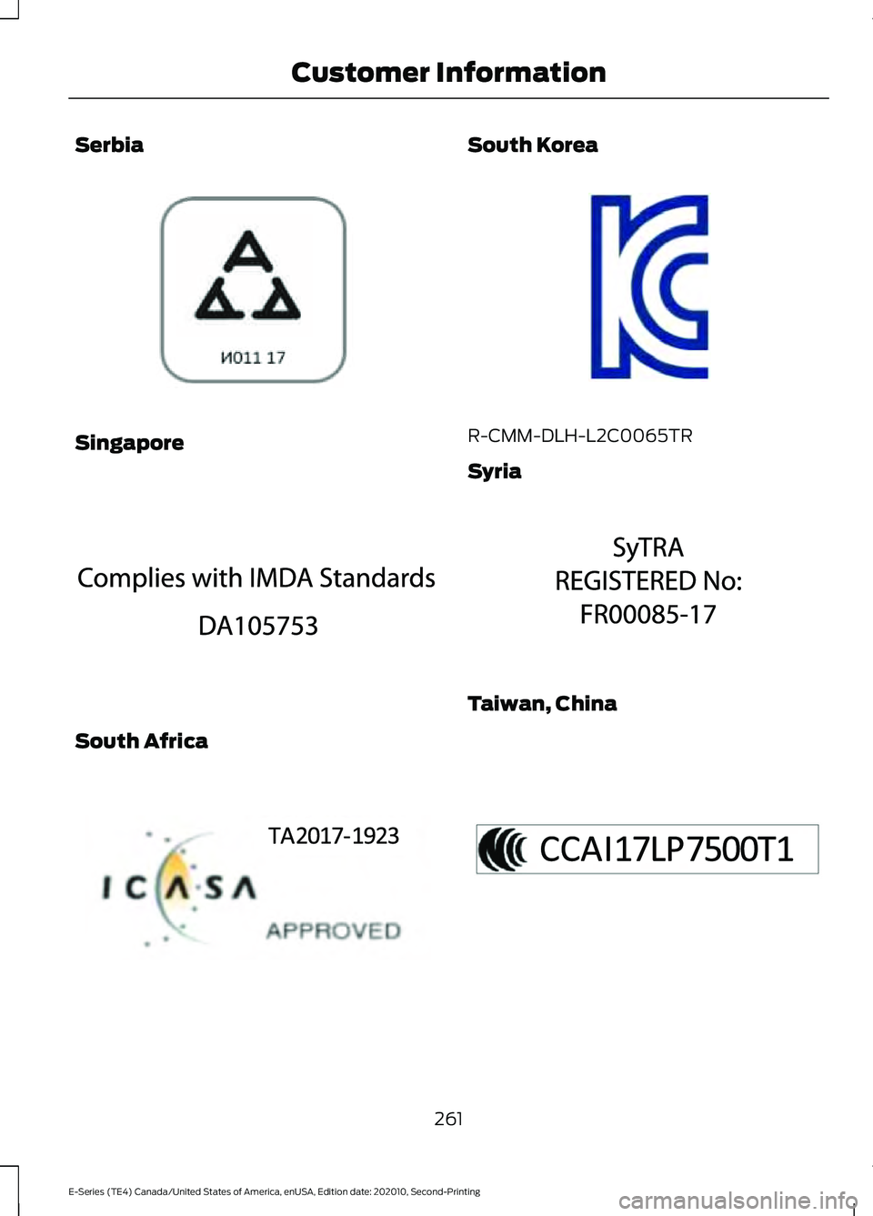 FORD E-350 2022 Owners Manual Serbia
Singapore
South Africa South Korea
R-CMM-DLH-L2C0065TR
Syria
Taiwan, China
261
E-Series (TE4) Canada/United States of America, enUSA, Edition date: 202010, Second-Printing Customer InformationE FORD E-350 2022 Owners Manual Serbia
Singapore
South Africa South Korea
R-CMM-DLH-L2C0065TR
Syria
Taiwan, China
261
E-Series (TE4) Canada/United States of America, enUSA, Edition date: 202010, Second-Printing Customer InformationE