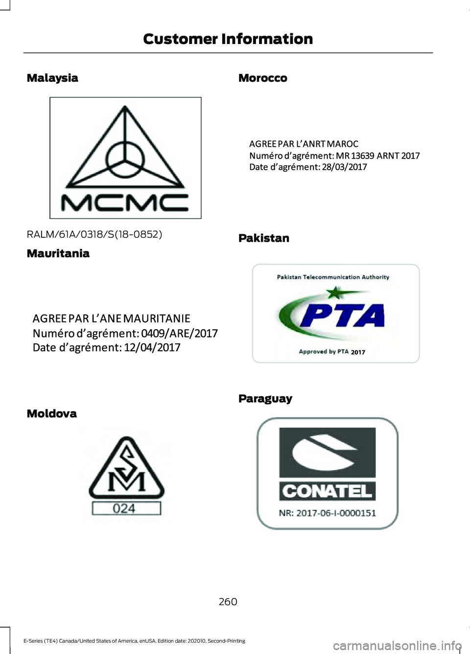 FORD E-450 2022 Owners Manual Malaysia
RALM/61A/0318/S(18-0852)
Mauritania
Moldova Morocco
Pakistan
Paraguay
260
E-Series (TE4) Canada/United States of America, enUSA, Edition date: 202010, Second-Printing Customer InformationE339 FORD E-450 2022 Owners Manual Malaysia
RALM/61A/0318/S(18-0852)
Mauritania
Moldova Morocco
Pakistan
Paraguay
260
E-Series (TE4) Canada/United States of America, enUSA, Edition date: 202010, Second-Printing Customer InformationE339