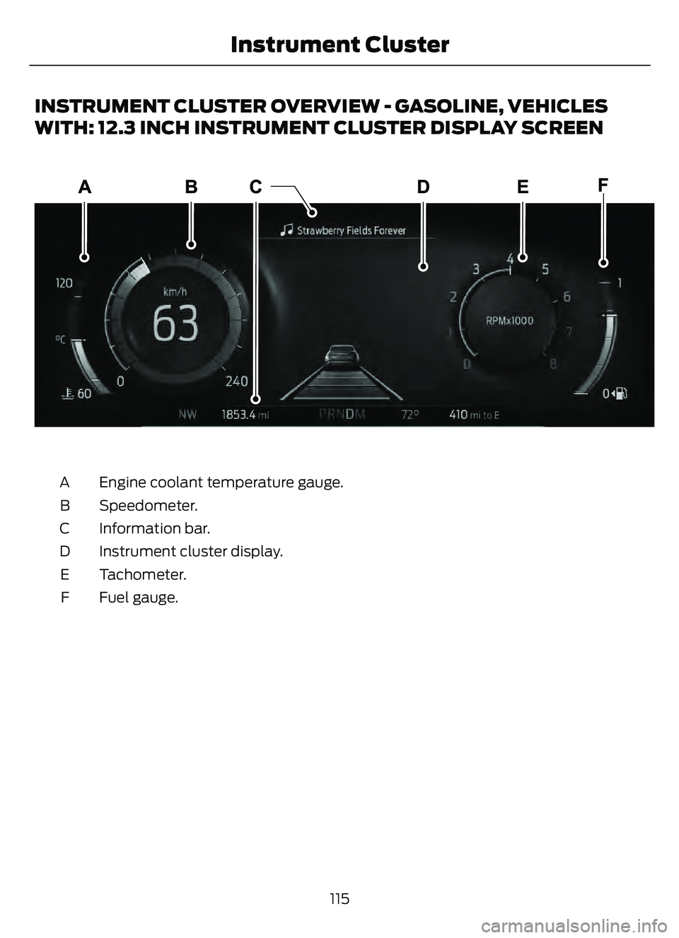 FORD ESCAPE 2022  Owners Manual INSTRUMENT CLUSTER OVERVIEW - GASOLINE, VEHICLES
WITH: 12.3 INCH INSTRUMENT CLUSTER DISPLAY SCREEN
E320077
Engine coolant temperature gauge.
A
Speedometer.
B
Information bar.
C
Instrument cluster disp
