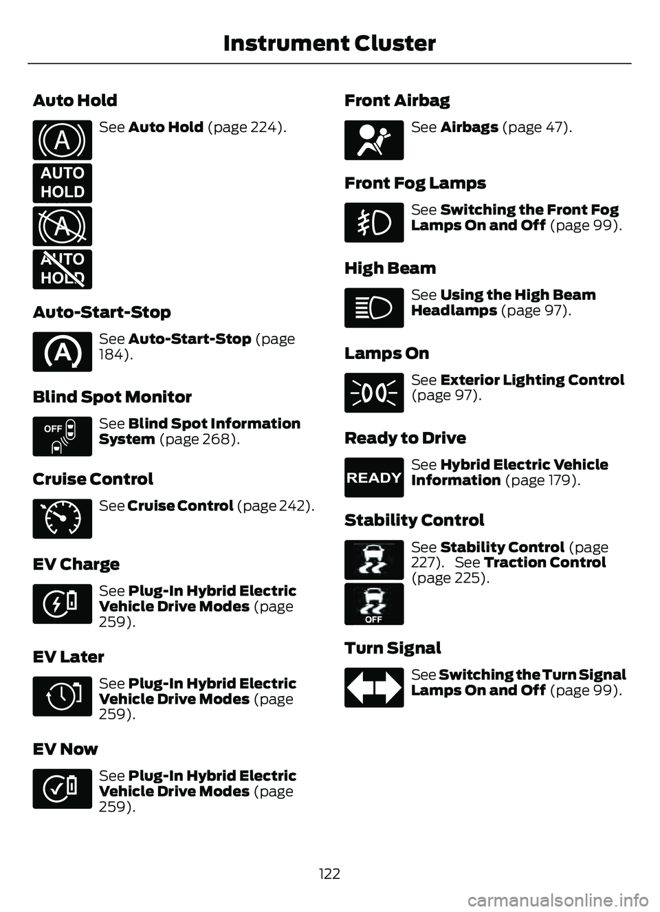 FORD ESCAPE 2022  Owners Manual Auto Hold
E322410E322410
E197933
EE322411
E197934
See Auto Hold (page 224).
Auto-Start-Stop
See Auto-Start-Stop (page
184).
Blind Spot Monitor
E151262
See  Blind Spot Information
System  (page 268).
C