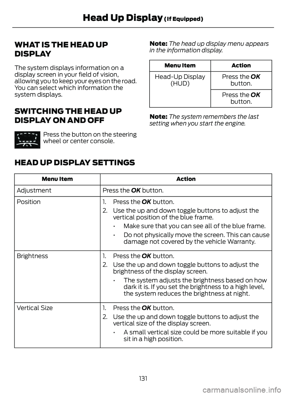 FORD ESCAPE 2022 Owners Manual WHAT IS THE HEAD UP
DISPLAY
The system displays information on a
display screen in your field of vision,
allowing you to keep your eyes on the road.
You can select which information the
system display FORD ESCAPE 2022 Owners Manual WHAT IS THE HEAD UP
DISPLAY
The system displays information on a
display screen in your field of vision,
allowing you to keep your eyes on the road.
You can select which information the
system display