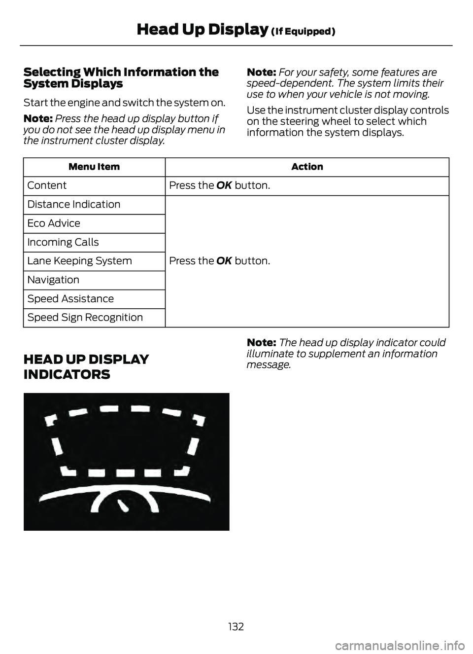 FORD ESCAPE 2022 Owners Manual Selecting Which Information the
System Displays
Start the engine and switch the system on.
Note:Press the head up display button if
you do not see the head up display menu in
the instrument cluster di FORD ESCAPE 2022 Owners Manual Selecting Which Information the
System Displays
Start the engine and switch the system on.
Note:Press the head up display button if
you do not see the head up display menu in
the instrument cluster di