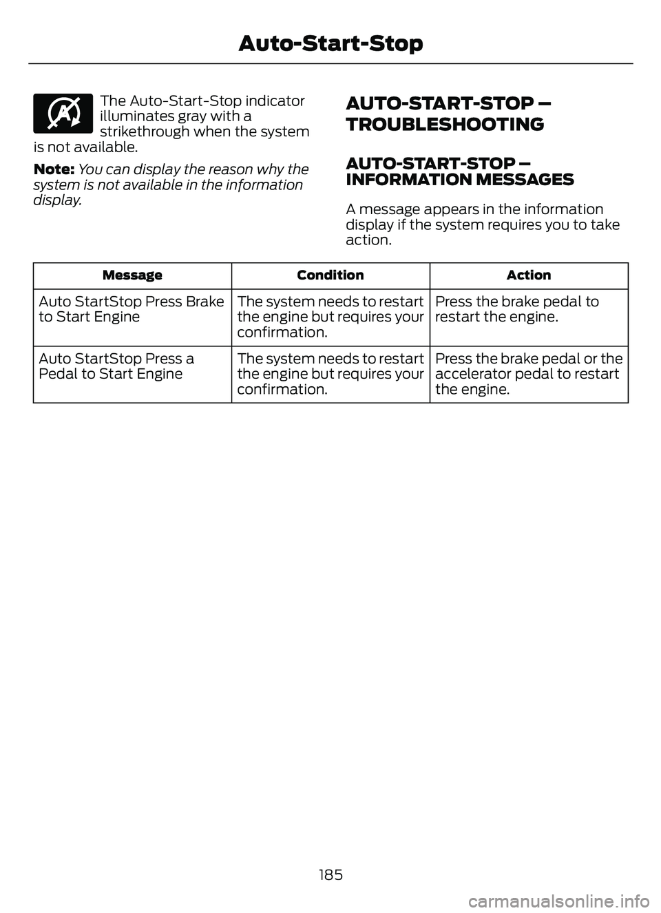 FORD ESCAPE 2022  Owners Manual E146361
The Auto-Start-Stop indicator
illuminates gray with a
strikethrough when the system
is not available.
Note: You can display the reason why the
system is not available in the information
displa