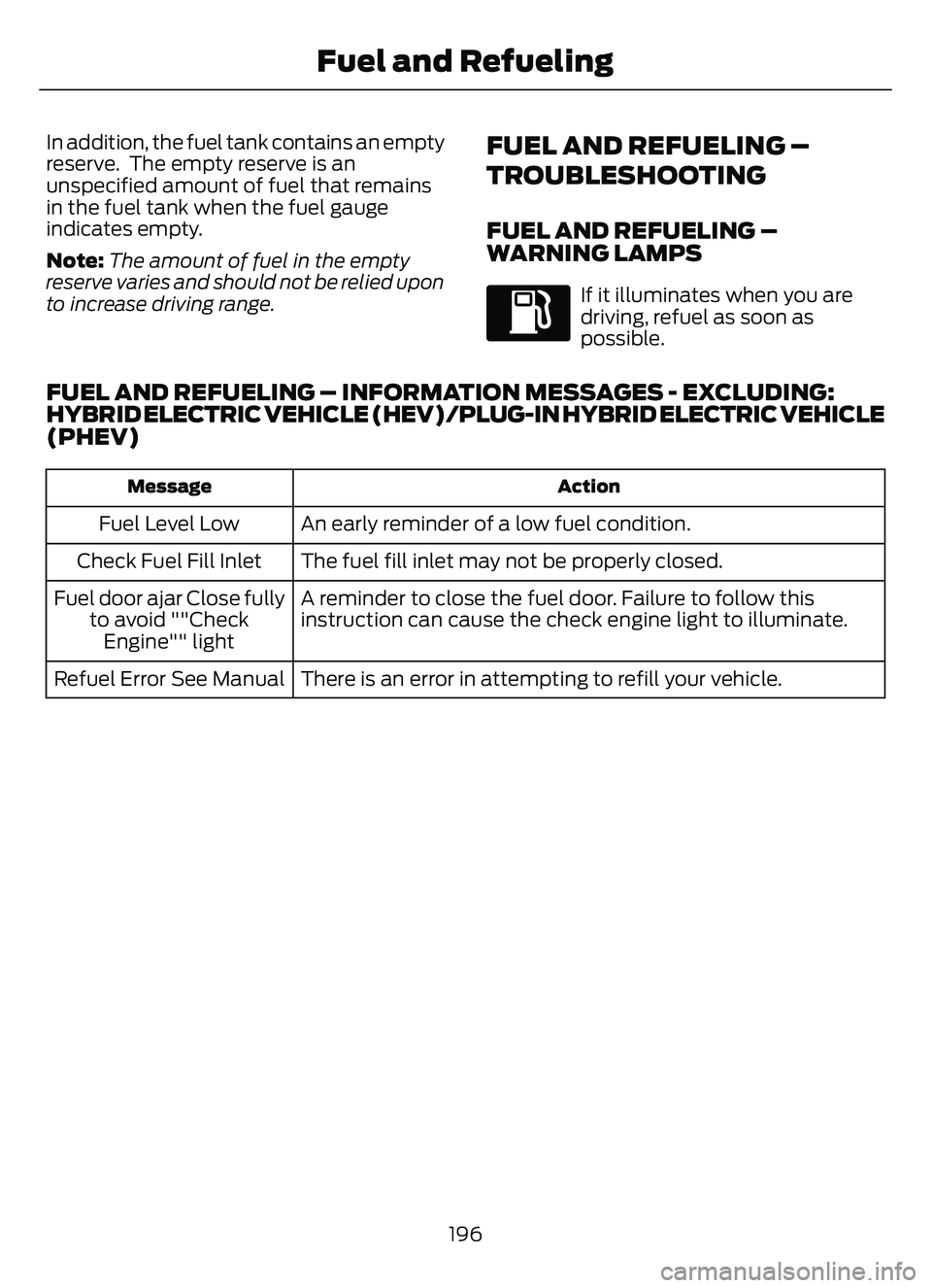 FORD ESCAPE 2022 User Guide In addition, the fuel tank contains an empty
reserve. The empty reserve is an
unspecified amount of fuel that remains
in the fuel tank when the fuel gauge
indicates empty.
Note:The amount of fuel in FORD ESCAPE 2022 User Guide In addition, the fuel tank contains an empty
reserve. The empty reserve is an
unspecified amount of fuel that remains
in the fuel tank when the fuel gauge
indicates empty.
Note:The amount of fuel in