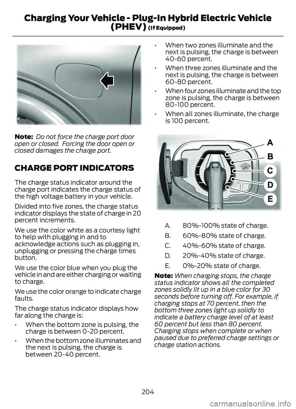 FORD ESCAPE 2022 Service Manual E295258
Note: Do not force the charge port door
open or closed. Forcing the door open or
closed damages the charge port.
CHARGE PORT INDICATORS
The charge status indicator around the
charge port indi FORD ESCAPE 2022 Service Manual E295258
Note: Do not force the charge port door
open or closed. Forcing the door open or
closed damages the charge port.
CHARGE PORT INDICATORS
The charge status indicator around the
charge port indi