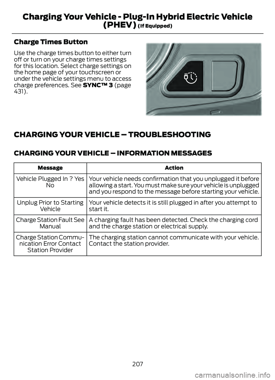 FORD ESCAPE 2022 Owners Manual Charge Times Button
Use the charge times button to either turn
off or turn on your charge times settings
for this location. Select charge settings on
the home page of your touchscreen or
under the veh FORD ESCAPE 2022 Owners Manual Charge Times Button
Use the charge times button to either turn
off or turn on your charge times settings
for this location. Select charge settings on
the home page of your touchscreen or
under the veh