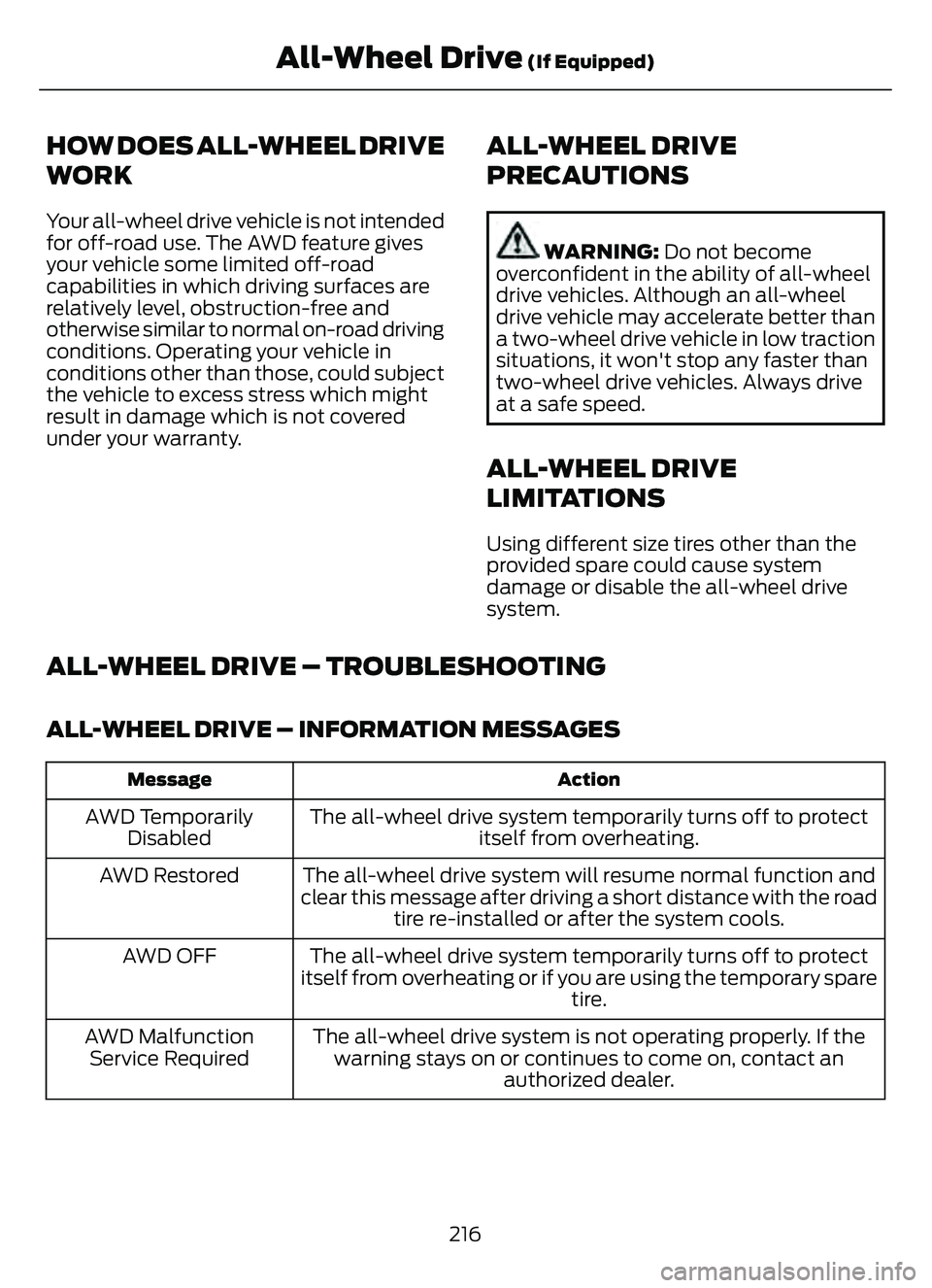 FORD ESCAPE 2022  Owners Manual HOW DOES ALL-WHEEL DRIVE
WORK
Your all-wheel drive vehicle is not intended
for off-road use. The AWD feature gives
your vehicle some limited off-road
capabilities in which driving surfaces are
relativ