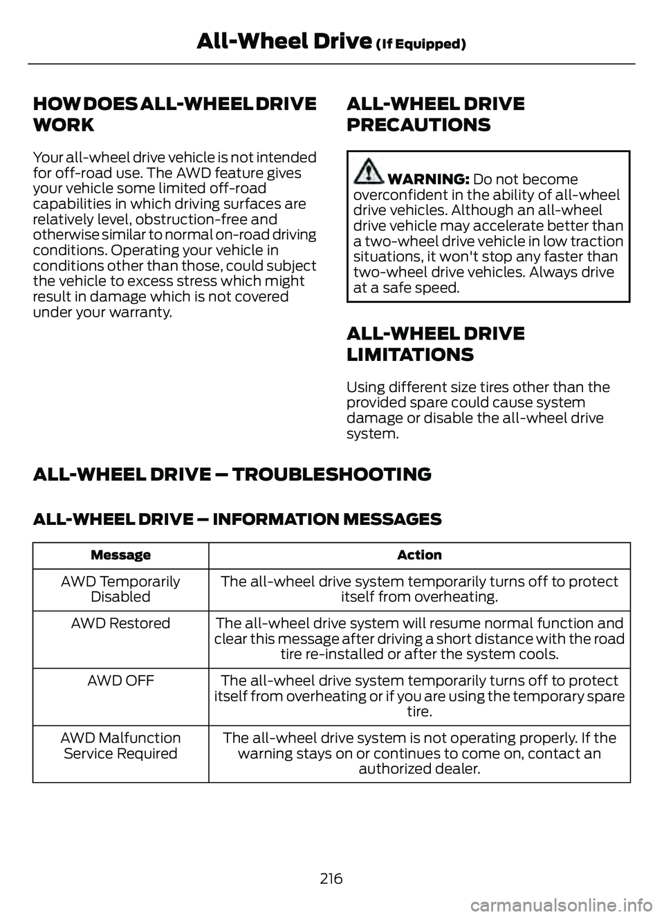 FORD ESCAPE 2022 Owners Manual HOW DOES ALL-WHEEL DRIVE
WORK
Your all-wheel drive vehicle is not intended
for off-road use. The AWD feature gives
your vehicle some limited off-road
capabilities in which driving surfaces are
relativ FORD ESCAPE 2022 Owners Manual HOW DOES ALL-WHEEL DRIVE
WORK
Your all-wheel drive vehicle is not intended
for off-road use. The AWD feature gives
your vehicle some limited off-road
capabilities in which driving surfaces are
relativ