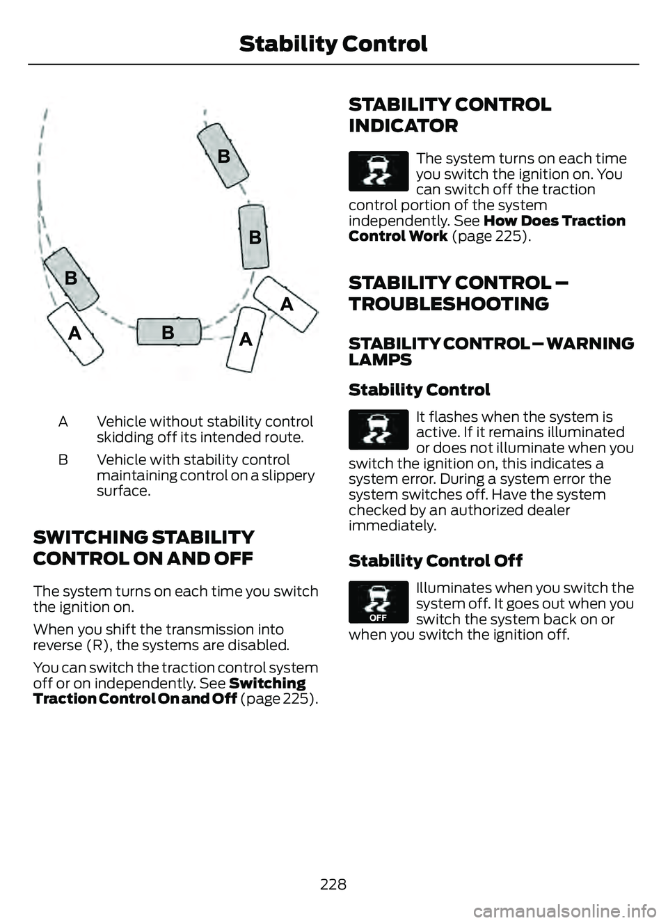 FORD ESCAPE 2022  Owners Manual E72903
Vehicle without stability control
skidding off its intended route.
A
Vehicle with stability control
maintaining control on a slippery
surface.
B
SWITCHING STABILITY
CONTROL ON AND OFF
The syste