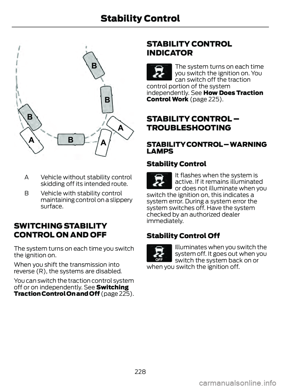 FORD ESCAPE 2022 Owners Manual E72903
Vehicle without stability control
skidding off its intended route.
A
Vehicle with stability control
maintaining control on a slippery
surface.
B
SWITCHING STABILITY
CONTROL ON AND OFF
The syste FORD ESCAPE 2022 Owners Manual E72903
Vehicle without stability control
skidding off its intended route.
A
Vehicle with stability control
maintaining control on a slippery
surface.
B
SWITCHING STABILITY
CONTROL ON AND OFF
The syste