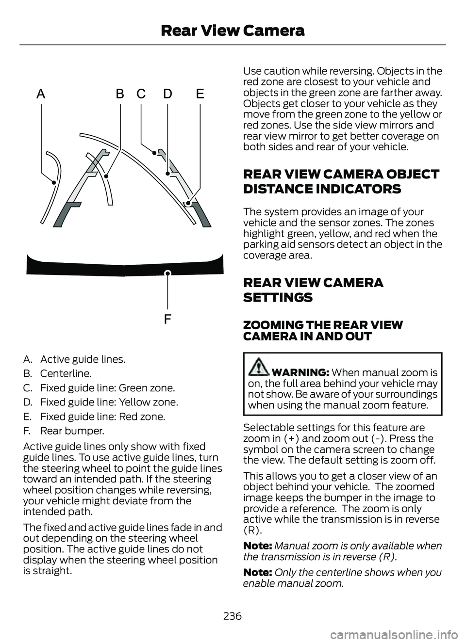 FORD ESCAPE 2022  Owners Manual A. Active guide lines.
B. Centerline.
C. Fixed guide line: Green zone.
D. Fixed guide line: Yellow zone.
E. Fixed guide line: Red zone.
F. Rear bumper.
Active guide lines only show with fixed
guide li