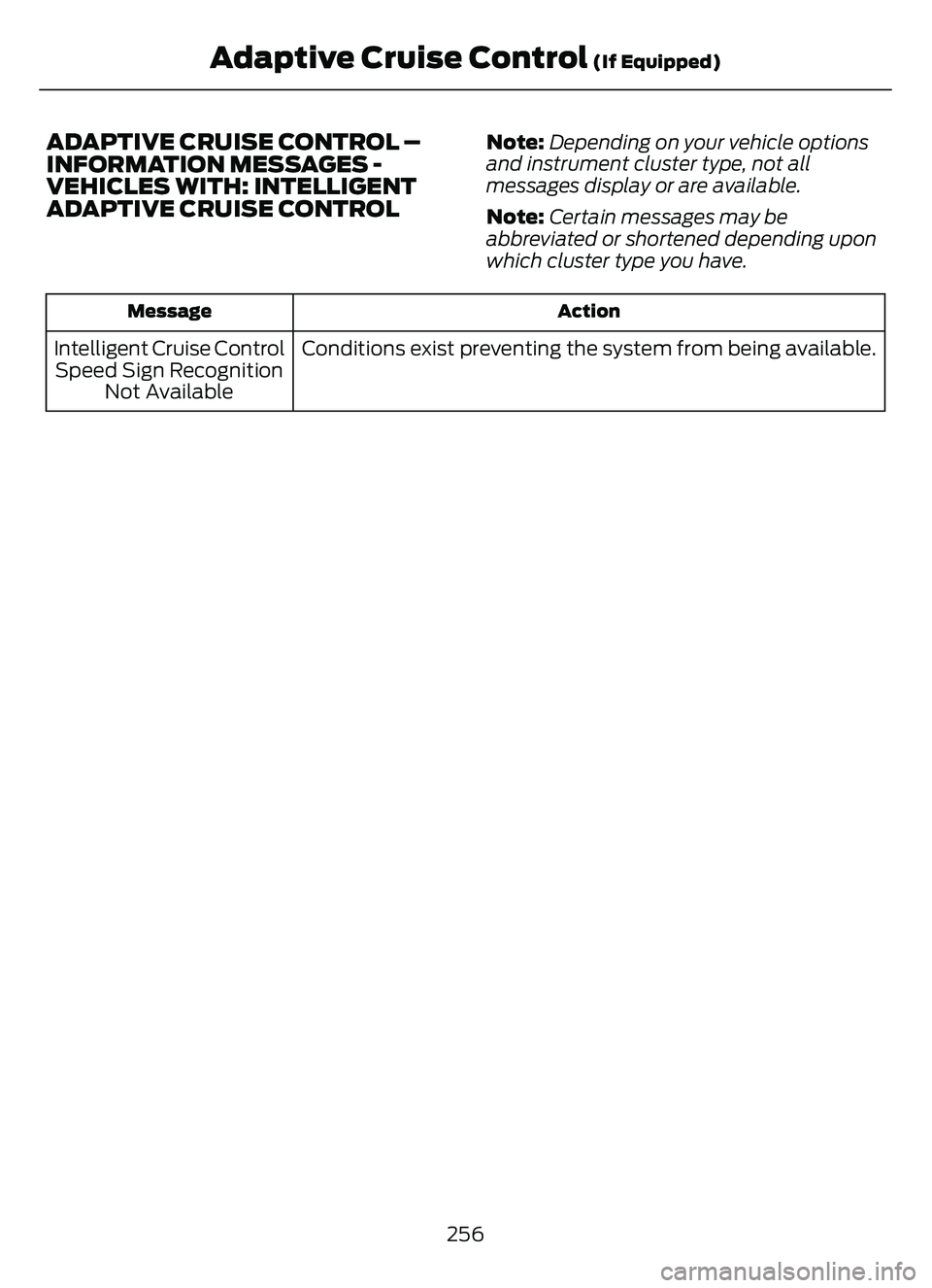 FORD ESCAPE 2022 Owners Manual ADAPTIVE CRUISE CONTROL –
INFORMATION MESSAGES -
VEHICLES WITH: INTELLIGENT
ADAPTIVE CRUISE CONTROLNote:Depending on your vehicle options
and instrument cluster type, not all
messages display or are FORD ESCAPE 2022 Owners Manual ADAPTIVE CRUISE CONTROL –
INFORMATION MESSAGES -
VEHICLES WITH: INTELLIGENT
ADAPTIVE CRUISE CONTROLNote:Depending on your vehicle options
and instrument cluster type, not all
messages display or are