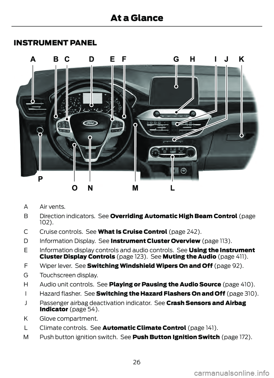 FORD ESCAPE 2022  Owners Manual INSTRUMENT PANEL
E285284
Air vents.
A
Direction indicators.  See Overriding Automatic High Beam Control (page
102).
B
Cruise controls.  See  What Is Cruise Control (page 242).
C
Information Display.  