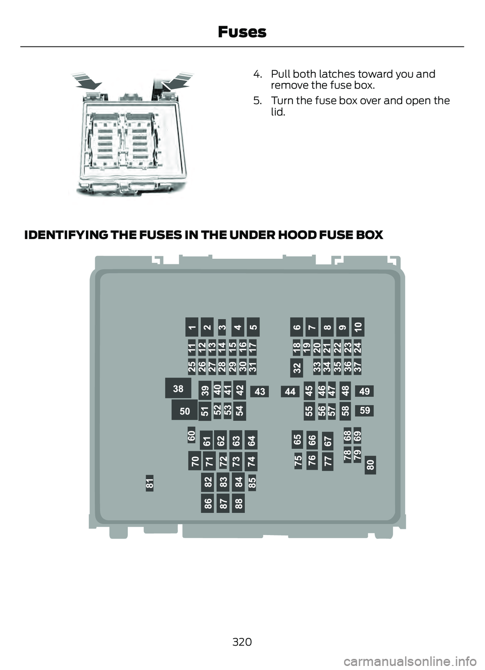 FORD ESCAPE 2022  Owners Manual 53693E253693
4. Pull both latches toward you andremove the fuse box.
5. Turn the fuse box over and open the lid.
IDENTIFYING THE FUSES IN THE UNDER HOOD FUSE BOX
E292669E292669
320
Fuses 