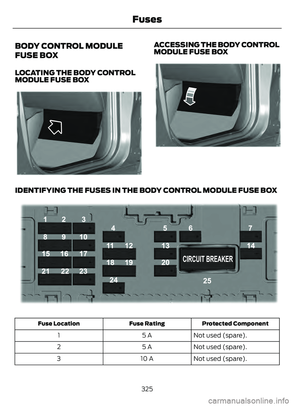 FORD ESCAPE 2022 Owners Manual BODY CONTROL MODULE
FUSE BOX
LOCATING THE BODY CONTROL
MODULE FUSE BOX
E329070E329070
ACCESSING THE BODY CONTROL
MODULE FUSE BOX
E329071E329071
IDENTIFYING THE FUSES IN THE BODY CONTROL MODULE FUSE BO FORD ESCAPE 2022 Owners Manual BODY CONTROL MODULE
FUSE BOX
LOCATING THE BODY CONTROL
MODULE FUSE BOX
E329070E329070
ACCESSING THE BODY CONTROL
MODULE FUSE BOX
E329071E329071
IDENTIFYING THE FUSES IN THE BODY CONTROL MODULE FUSE BO