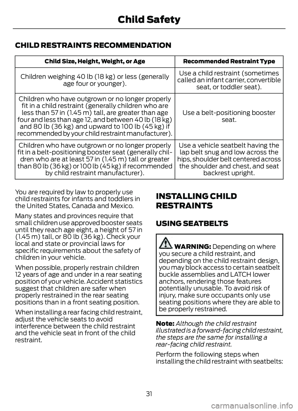 FORD ESCAPE 2022 Owners Guide CHILD RESTRAINTS RECOMMENDATION
Recommended Restraint Type
Child Size, Height, Weight, or Age
Use a child restraint (sometimes
called an infant carrier, convertible seat, or toddler seat).
Children we FORD ESCAPE 2022 Owners Guide CHILD RESTRAINTS RECOMMENDATION
Recommended Restraint Type
Child Size, Height, Weight, or Age
Use a child restraint (sometimes
called an infant carrier, convertible seat, or toddler seat).
Children we