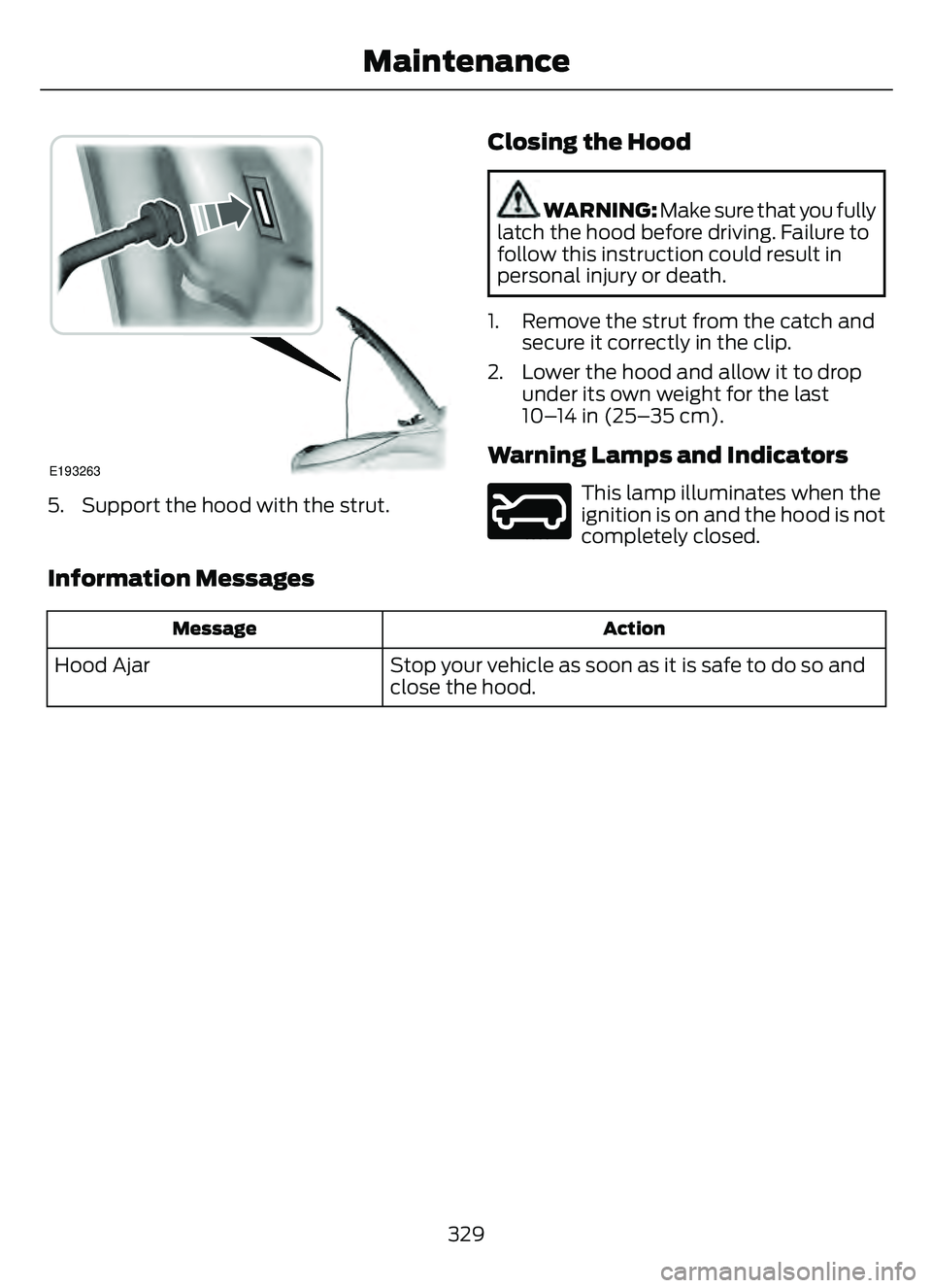 FORD ESCAPE 2022  Owners Manual E193263
5. Support the hood with the strut.
Closing the Hood
WARNING: Make sure that you fully
latch the hood before driving. Failure to
follow this instruction could result in
personal injury or deat