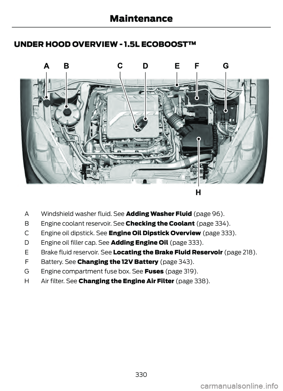 FORD ESCAPE 2022 User Guide UNDER HOOD OVERVIEW - 1.5L ECOBOOST™
308 93E308193
Windshield washer fluid. See Adding Washer Fluid (page 96).
A
Engine coolant reservoir. See  Checking the Coolant (page 334).
B
Engine oil dipstick