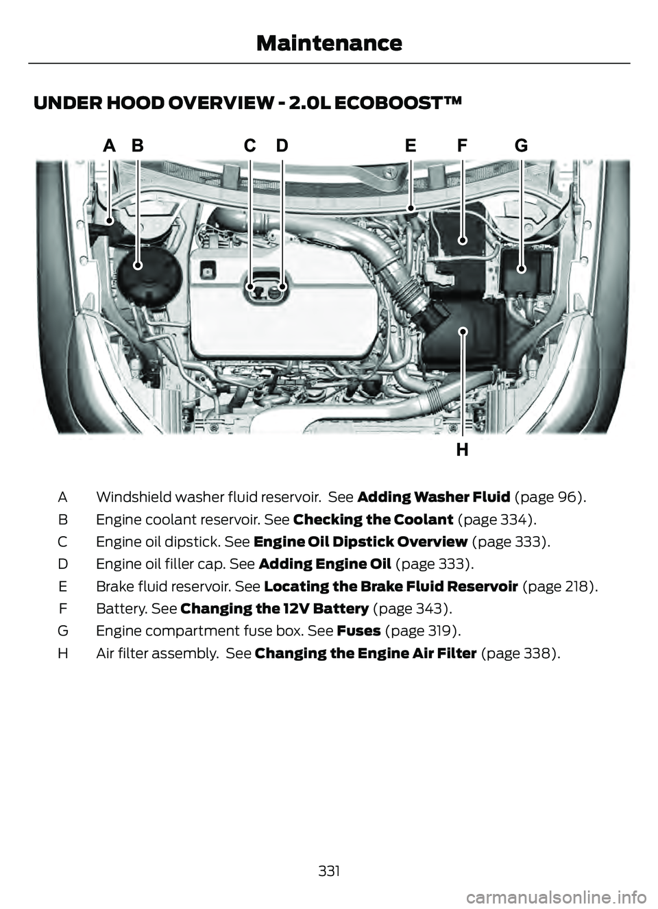 FORD ESCAPE 2022 User Guide UNDER HOOD OVERVIEW - 2.0L ECOBOOST™
30 05E307705
Windshield washer fluid reservoir.  See Adding Washer Fluid (page 96).
A
Engine coolant reservoir. See  Checking the Coolant (page 334).
B
Engine oi
