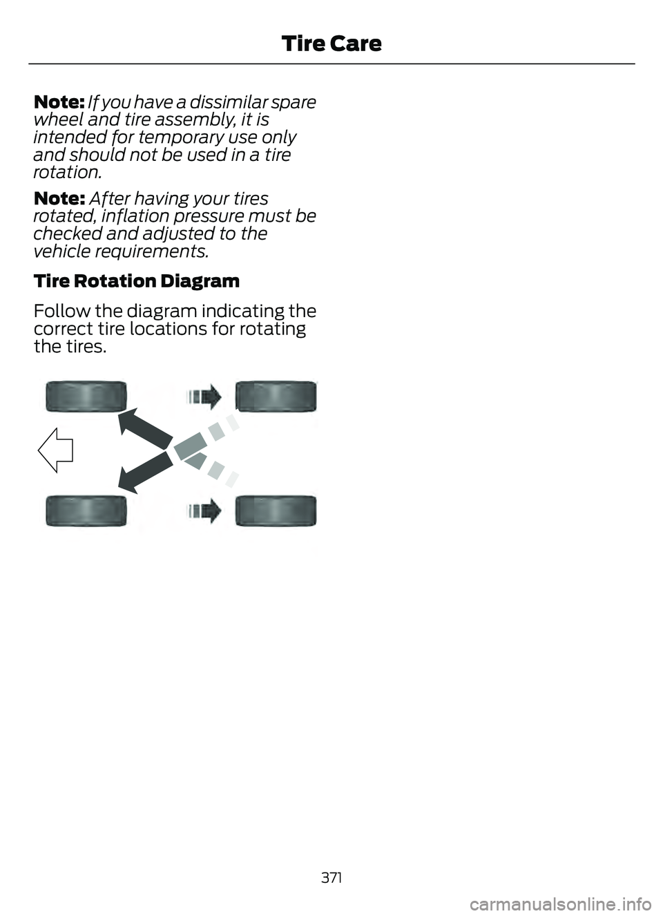 FORD ESCAPE 2022  Owners Manual Note:If you have a dissimilar spare
wheel and tire assembly, it is
intended for temporary use only
and should not be used in a tire
rotation.
Note: After having your tires
rotated, inflation pressure 