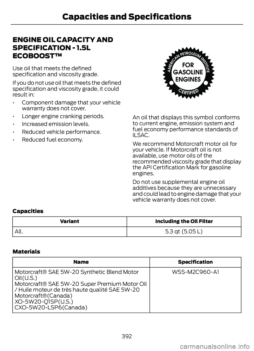 FORD ESCAPE 2022 Owners Manual ENGINE OIL CAPACITY AND
SPECIFICATION - 1.5L
ECOBOOST™
Use oil that meets the defined
specification and viscosity grade.
If you do not use oil that meets the defined
specification and viscosity grad FORD ESCAPE 2022 Owners Manual ENGINE OIL CAPACITY AND
SPECIFICATION - 1.5L
ECOBOOST™
Use oil that meets the defined
specification and viscosity grade.
If you do not use oil that meets the defined
specification and viscosity grad