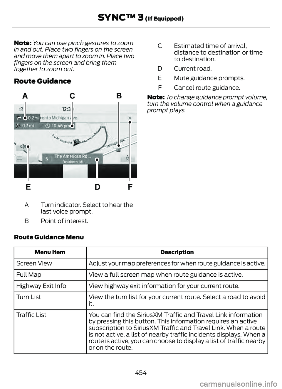 FORD ESCAPE 2022  Owners Manual Note:You can use pinch gestures to zoom
in and out. Place two fingers on the screen
and move them apart to zoom in. Place two
fingers on the screen and bring them
together to zoom out.
Route Guidance

