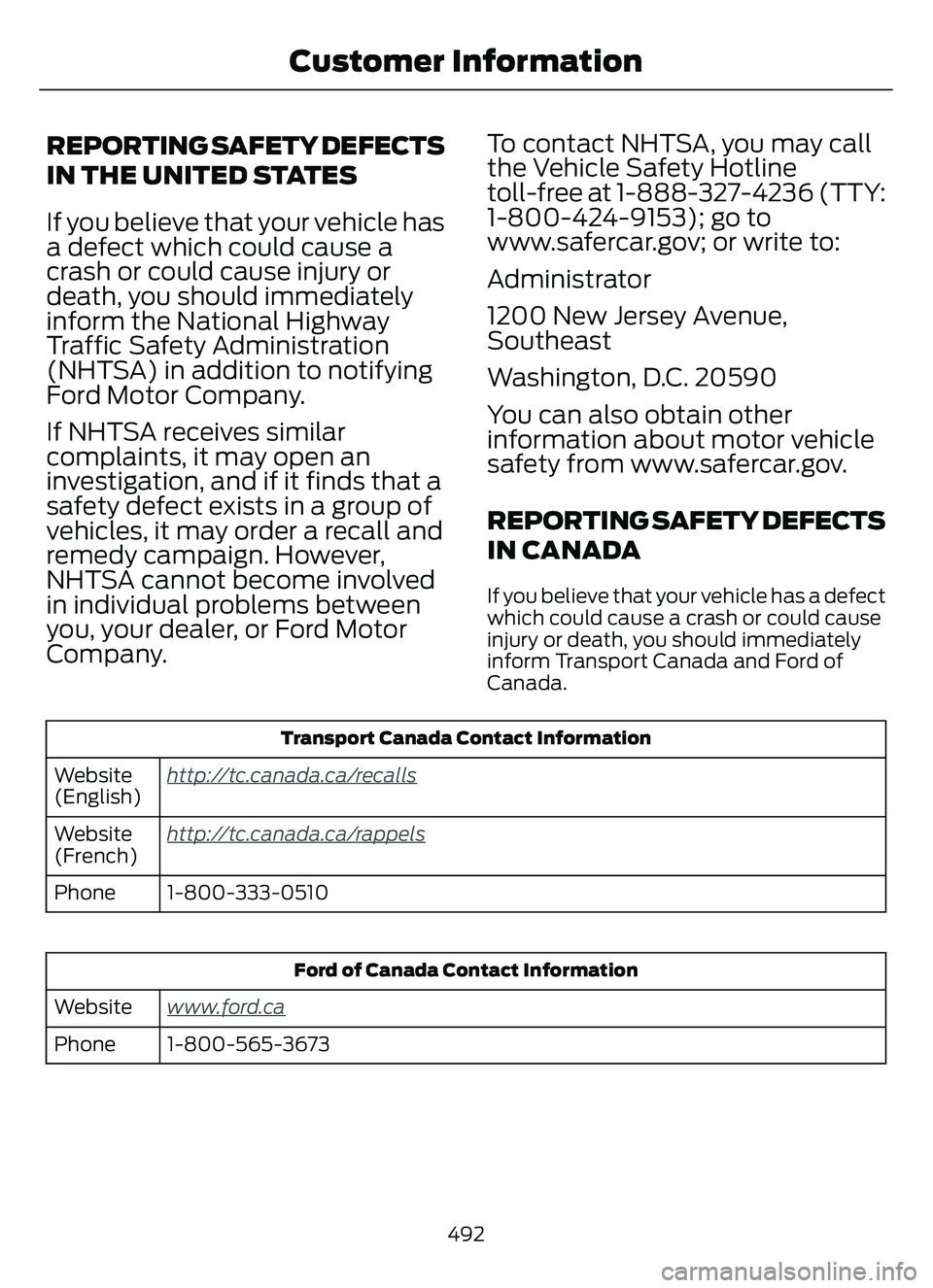 FORD ESCAPE 2022 Owners Manual REPORTING SAFETY DEFECTS
IN THE UNITED STATES
If you believe that your vehicle has
a defect which could cause a
crash or could cause injury or
death, you should immediately
inform the National Highway FORD ESCAPE 2022 Owners Manual REPORTING SAFETY DEFECTS
IN THE UNITED STATES
If you believe that your vehicle has
a defect which could cause a
crash or could cause injury or
death, you should immediately
inform the National Highway