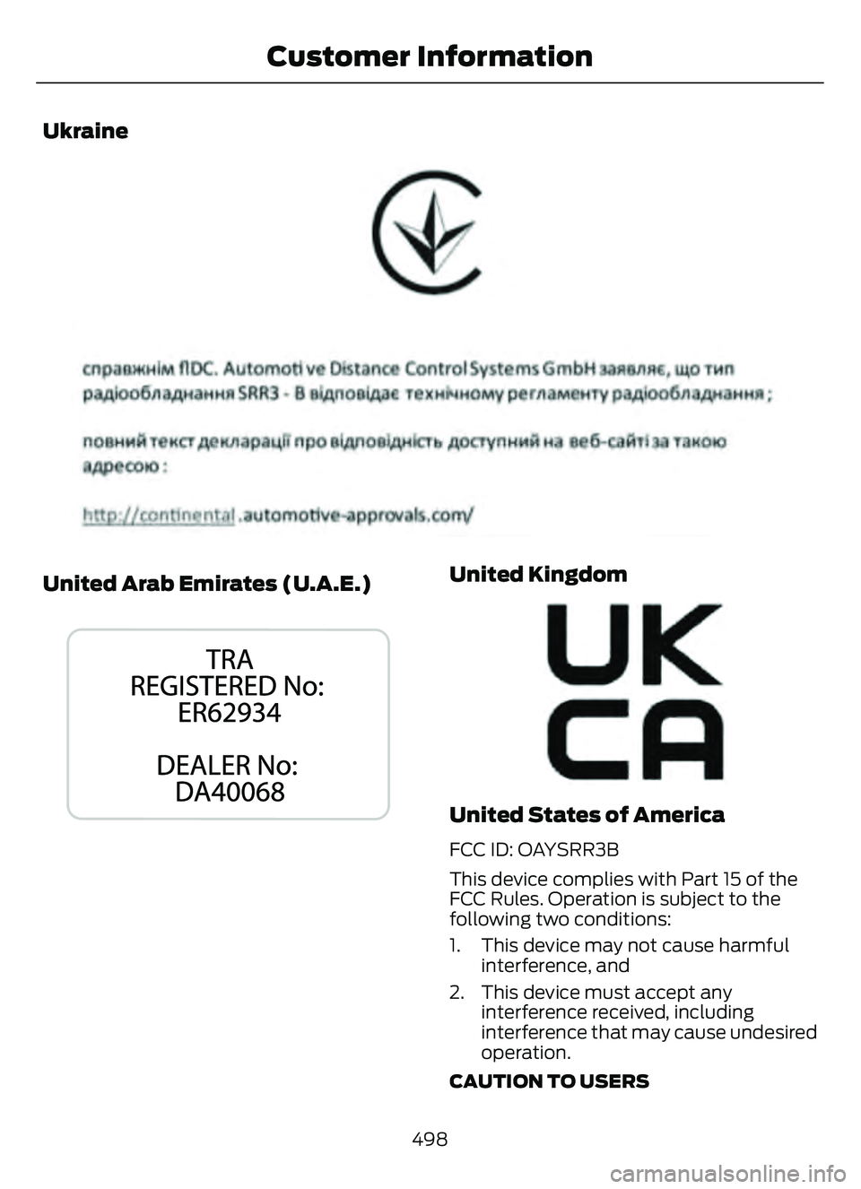 FORD ESCAPE 2022  Owners Manual Ukraine
E356737E356737
United Arab Emirates (U.A.E.)
E338020E338020
United Kingdom
E362840E362840
United States of America
FCC ID: OAYSRR3B
This device complies with Part 15 of the
FCC Rules. Operatio