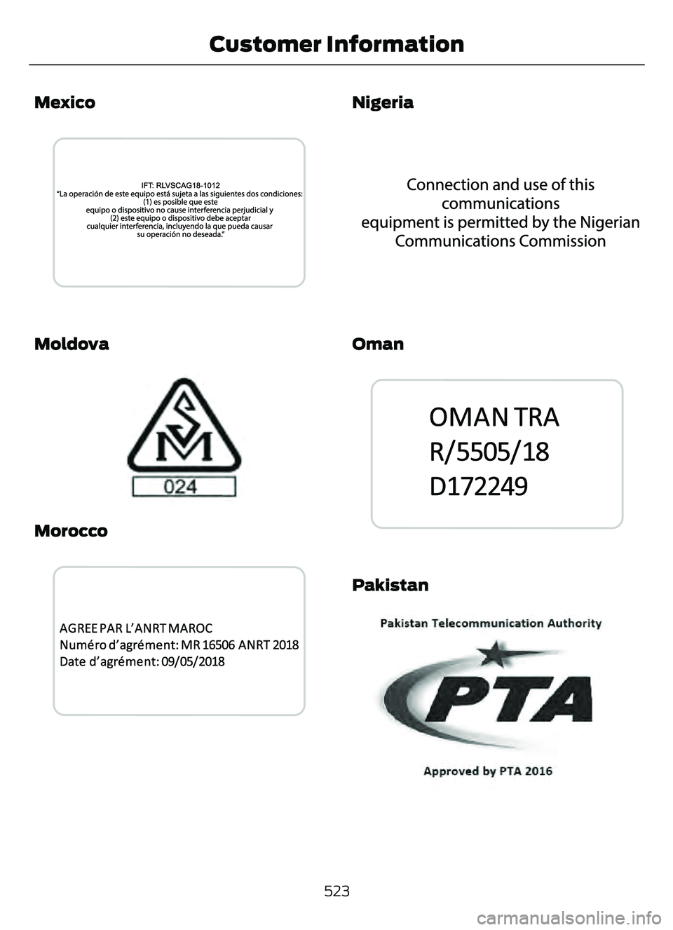 FORD ESCAPE 2022  Owners Manual Mexico
E342358E342358
Moldova
E337971E337971
Morocco
3399E339947
Nigeria
E337972E337972
Oman
383E341834
Pakistan
E337974E337974
523
Customer Information 