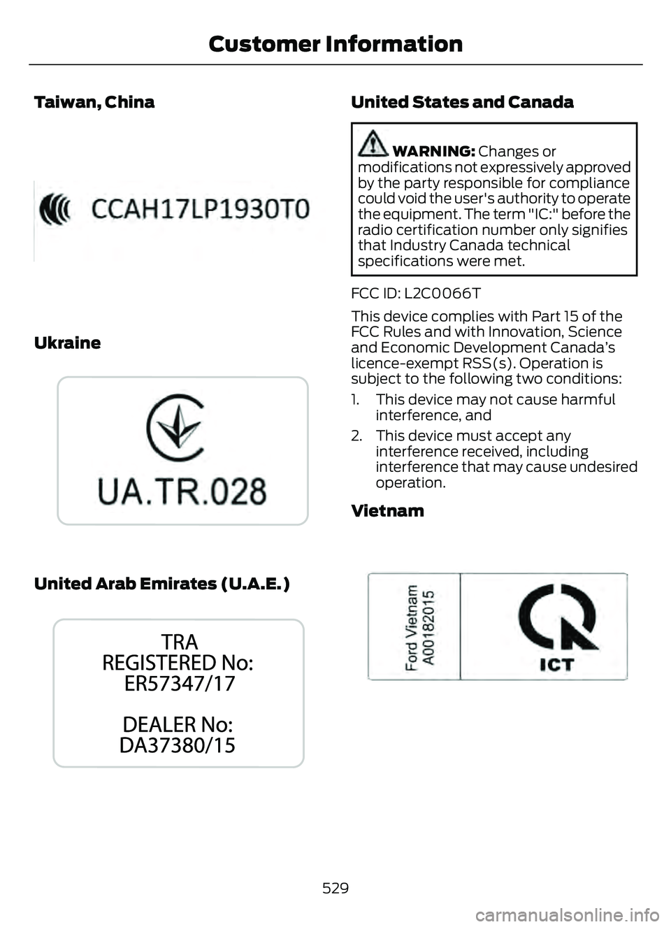 FORD ESCAPE 2022 Owners Manual Taiwan, China
E338220E338220
Ukraine
E269682
United Arab Emirates (U.A.E.)
E340526E340526
United States and Canada
WARNING: Changes or
modifications not expressively approved
by the party responsible FORD ESCAPE 2022 Owners Manual Taiwan, China
E338220E338220
Ukraine
E269682
United Arab Emirates (U.A.E.)
E340526E340526
United States and Canada
WARNING: Changes or
modifications not expressively approved
by the party responsible
