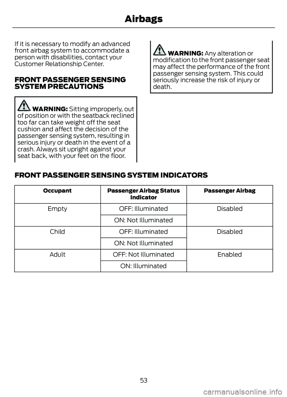 FORD ESCAPE 2022 Workshop Manual If it is necessary to modify an advanced
front airbag system to accommodate a
person with disabilities, contact your
Customer Relationship Center.
FRONT PASSENGER SENSING
SYSTEM PRECAUTIONS
WARNING: S FORD ESCAPE 2022 Workshop Manual If it is necessary to modify an advanced
front airbag system to accommodate a
person with disabilities, contact your
Customer Relationship Center.
FRONT PASSENGER SENSING
SYSTEM PRECAUTIONS
WARNING: S