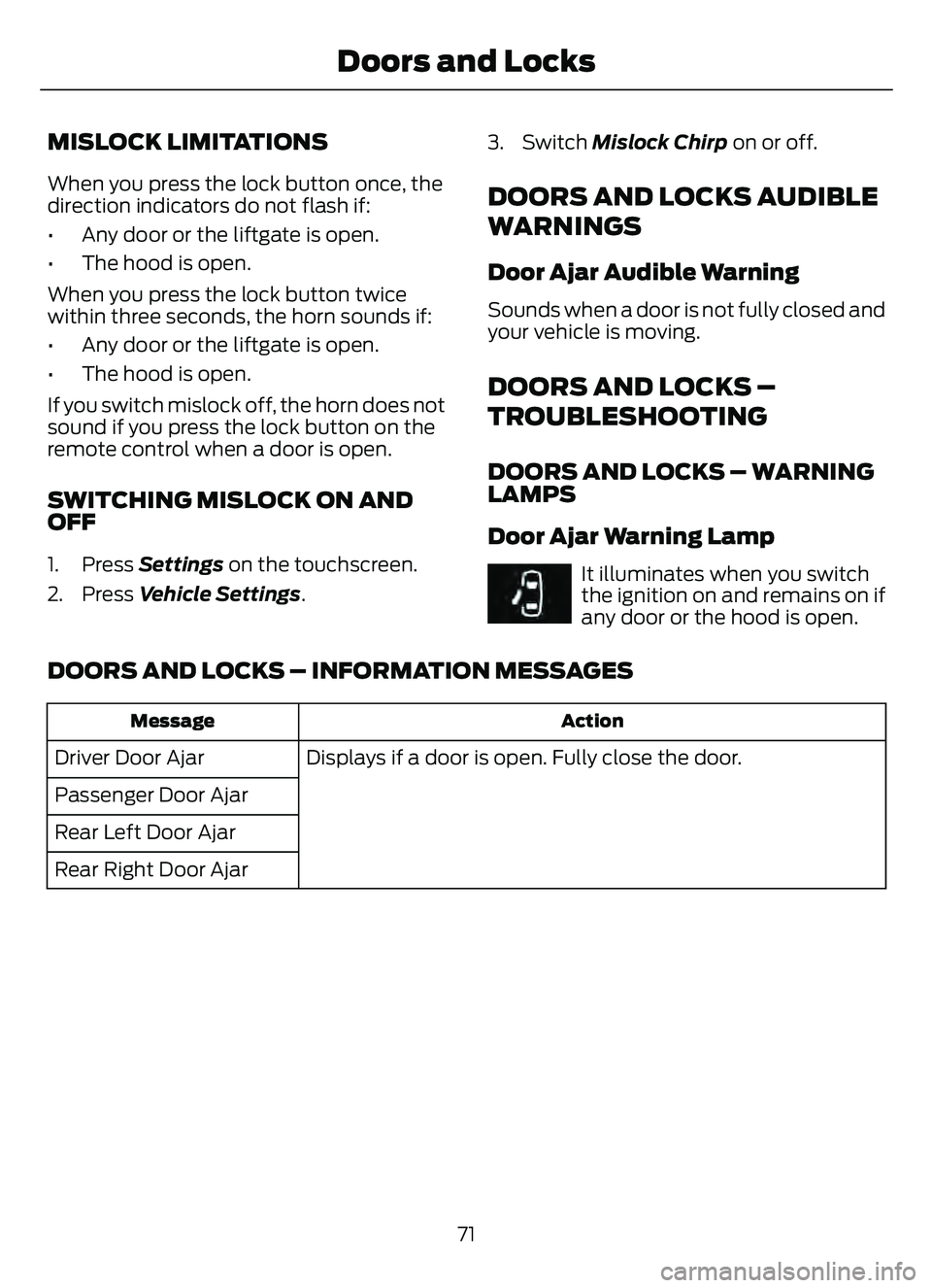 FORD ESCAPE 2022 Manual PDF MISLOCK LIMITATIONS
When you press the lock button once, the
direction indicators do not flash if:
• Any door or the liftgate is open.
• The hood is open.
When you press the lock button twice
with FORD ESCAPE 2022 Manual PDF MISLOCK LIMITATIONS
When you press the lock button once, the
direction indicators do not flash if:
• Any door or the liftgate is open.
• The hood is open.
When you press the lock button twice
with
