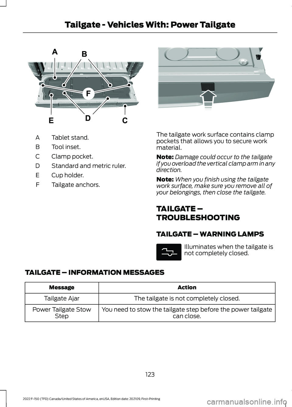 FORD F-150 2022  Owners Manual Tablet stand.
A
Tool inset.
B
Clamp pocket.
C
Standard and metric ruler.
D
Cup holder.
E
Tailgate anchors.
F The tailgate work surface contains clamp
pockets that allows you to secure work
material.
N