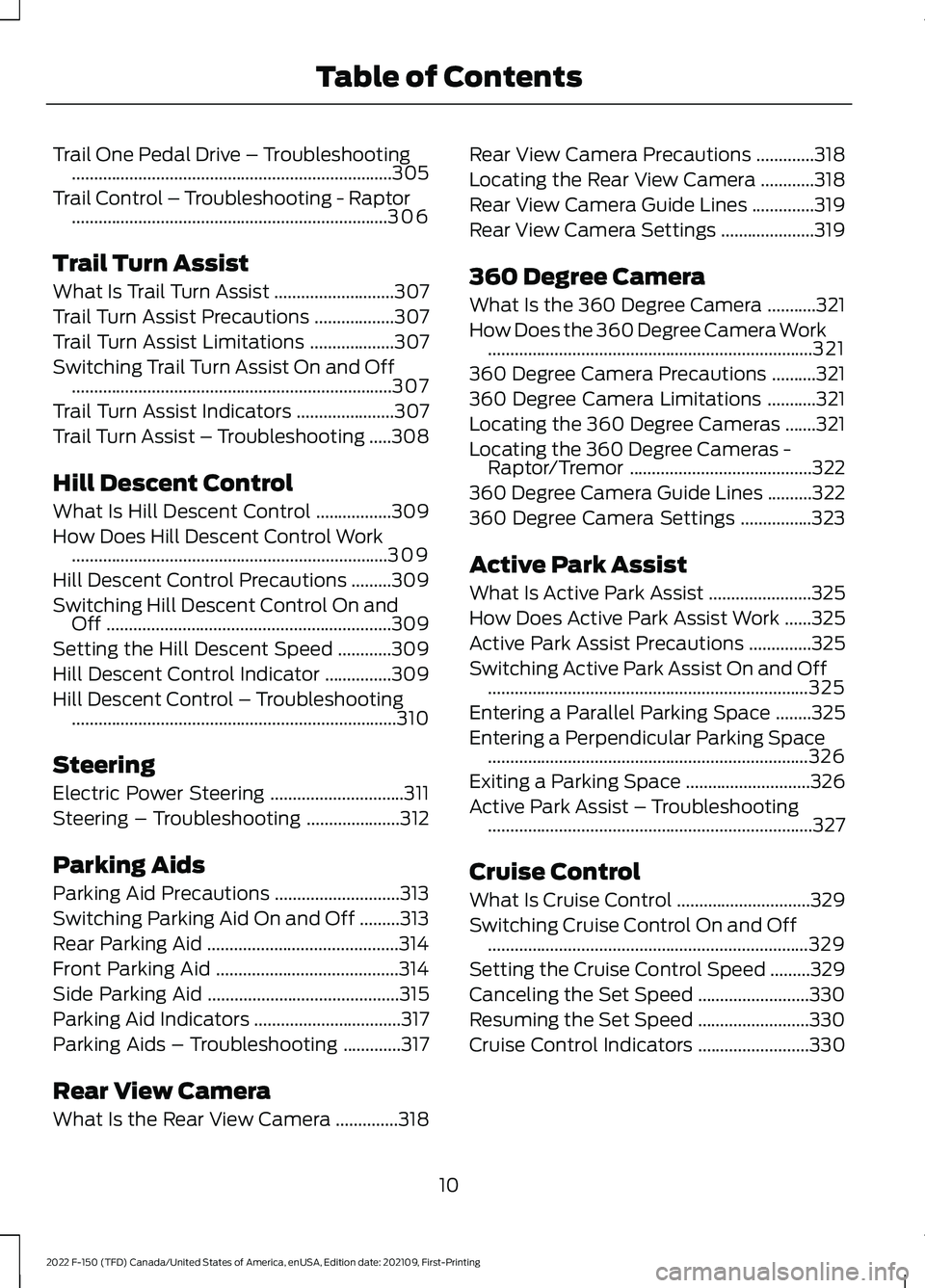 FORD F-150 2022 User Guide Trail One Pedal Drive – Troubleshooting
........................................................................\
305
Trail Control – Troubleshooting - Raptor ..................................... FORD F-150 2022 User Guide Trail One Pedal Drive – Troubleshooting
........................................................................\
305
Trail Control – Troubleshooting - Raptor .....................................
