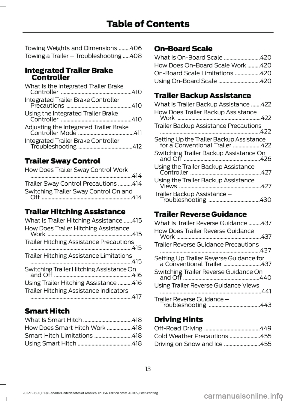 FORD F-150 2022 User Guide Towing Weights and Dimensions
........406
Towing a Trailer – Troubleshooting .....
408
Integrated Trailer Brake Controller
What Is the Integrated Trailer Brake Controller ........................... FORD F-150 2022 User Guide Towing Weights and Dimensions
........406
Towing a Trailer – Troubleshooting .....
408
Integrated Trailer Brake Controller
What Is the Integrated Trailer Brake Controller ...........................