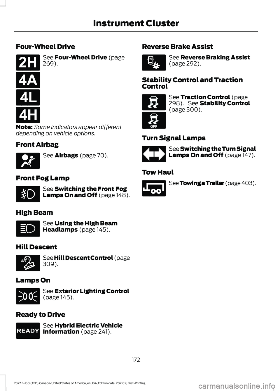 FORD F-150 2022 Service Manual Four-Wheel Drive
See Four-Wheel Drive (page
269).
Note: Some indicators appear different
depending on vehicle options.
Front Airbag See
Airbags (page 70).
Front Fog Lamp See
Switching the Front Fog
FORD F-150 2022 Service Manual Four-Wheel Drive
See Four-Wheel Drive (page
269).
Note: Some indicators appear different
depending on vehicle options.
Front Airbag See
Airbags (page 70).
Front Fog Lamp See
Switching the Front Fog