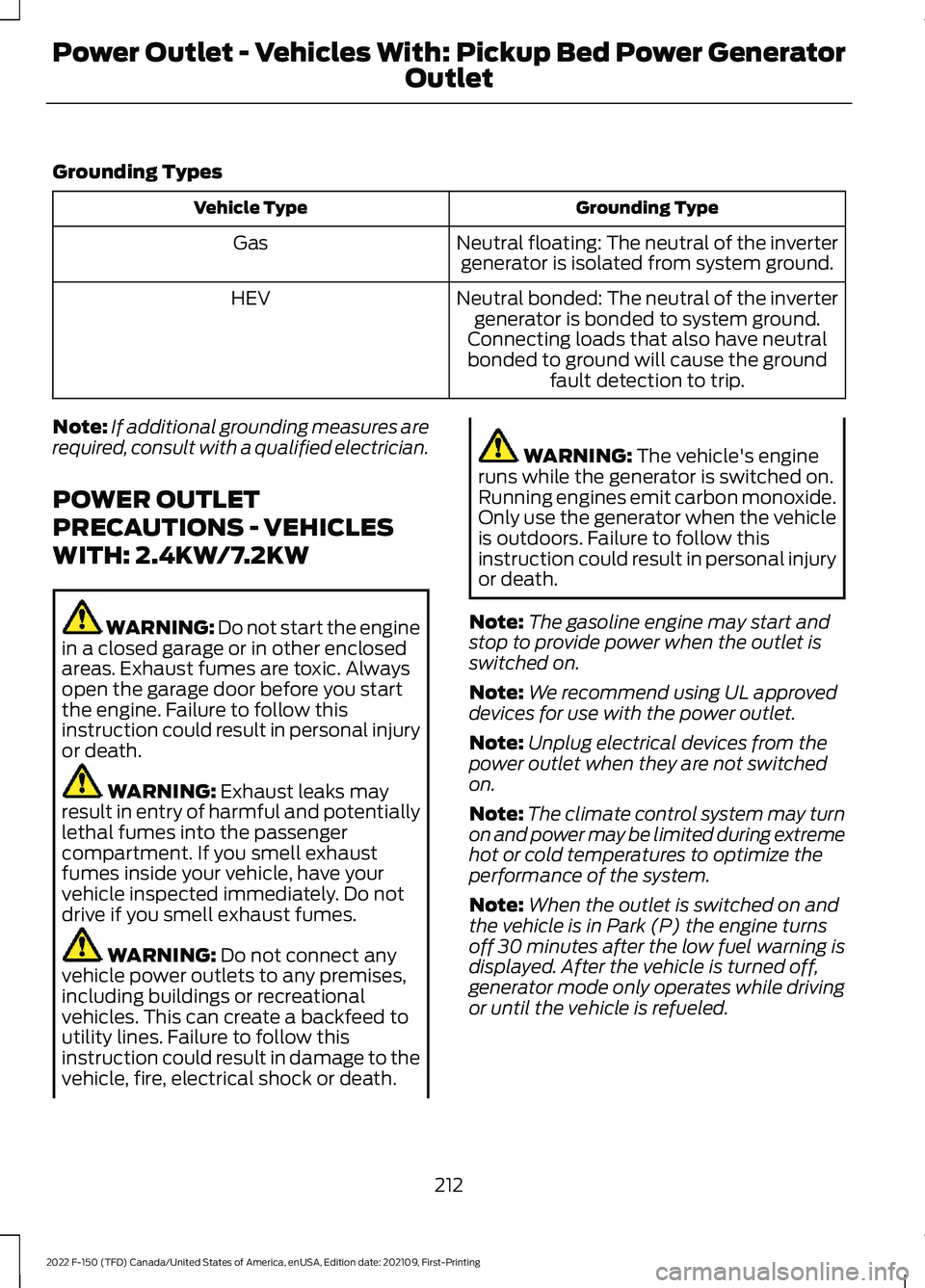 FORD F-150 2022  Owners Manual Grounding Types
Grounding Type
Vehicle Type
Neutral floating: The neutral of the invertergenerator is isolated from system ground.
Gas
Neutral bonded: The neutral of the invertergenerator is bonded to